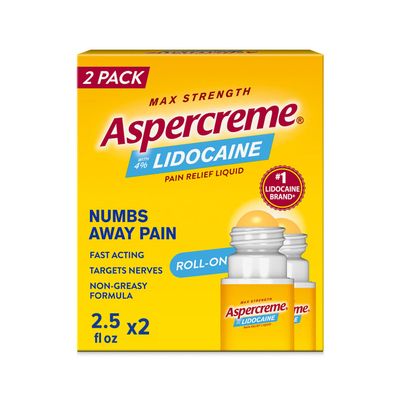 Aspercreme Lidocaine Pain Relief Liquid With No-Mess Roll-On Applicator, Max-Strength 4% Lidocaine Numbs Away Nerve Pain, Moisturizing Aloe Hydrates Dry Skin, 2.5 Oz. (Pack of 2)