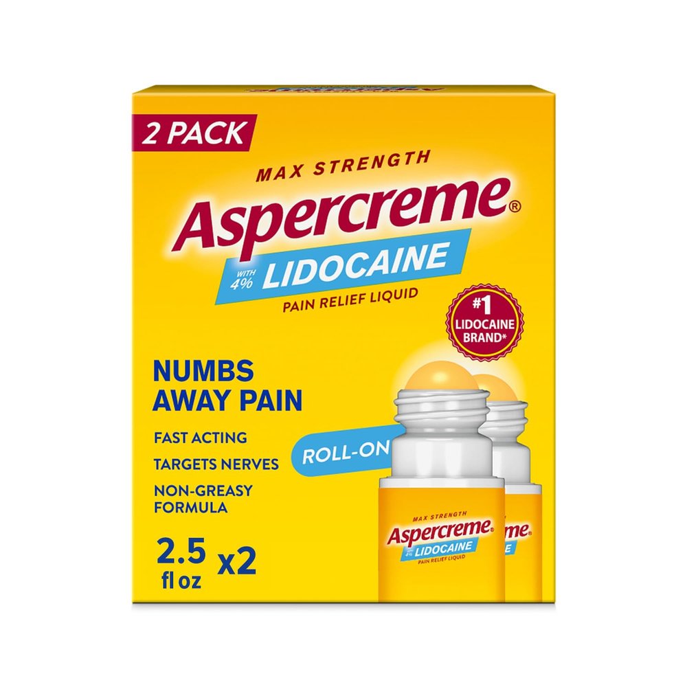 Aspercreme Lidocaine Pain Relief Liquid With No-Mess Roll-On Applicator, Max-Strength 4% Lidocaine Numbs Away Nerve Pain, Moisturizing Aloe Hydrates Dry Skin, 2.5 Oz. (Pack of 2)