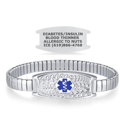 Divoti Olive Stretch Medical Alert Bracelet  Custom Engraved Stainless Steel ID Tag  Hypoallergenic, No Clasp, Slip-On Style  Fits 6.57.5" Wrists  Stylish & Comfortable - SS/Transparent Blue