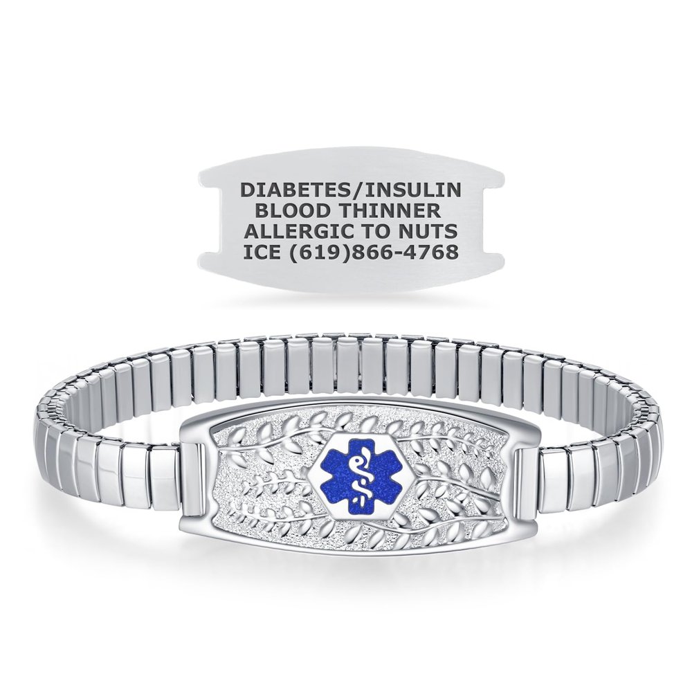 Divoti Olive Stretch Medical Alert Bracelet  Custom Engraved Stainless Steel ID Tag  Hypoallergenic, No Clasp, Slip-On Style  Fits 6.57.5" Wrists  Stylish & Comfortable - SS/Transparent Blue