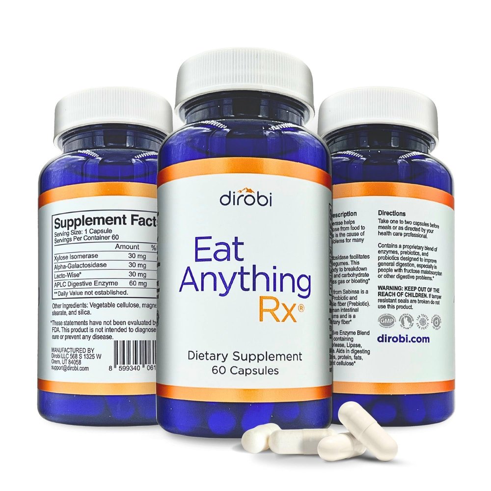 Dirobi Eat Anything Xylose Isomerase Fructose Malabsorption Enzymes, FODMAP Supplement, Digestive Enzymes for Better Lactose, Fat, Protein & Carbohydrate Digestion Gas & Bloating Relief 60 Capsules