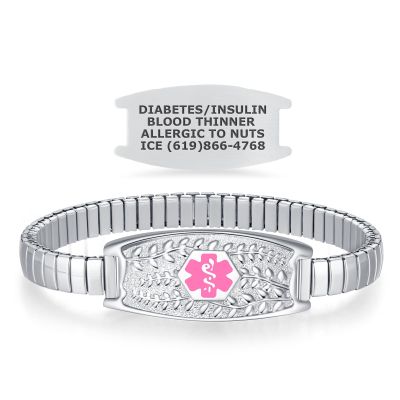 Divoti Olive Stretch Medical Alert Bracelet  Custom Engraved Stainless Steel ID Tag  Hypoallergenic, No Clasp, Slip-On Style  Fits 6.57.5" Wrists  Stylish & Comfortable - SS/Pink