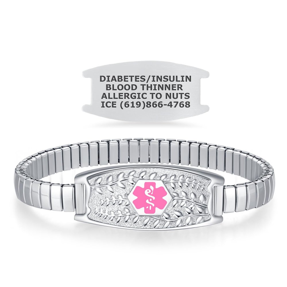 Divoti Olive Stretch Medical Alert Bracelet  Custom Engraved Stainless Steel ID Tag  Hypoallergenic, No Clasp, Slip-On Style  Fits 6.57.5" Wrists  Stylish & Comfortable - SS/Pink