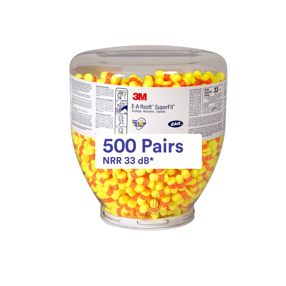 3M Ear Plugs, 500 Pair/Refill Bottle for One Touch Dispenser, E-A-Rsoft SuperFit 391-1254, Uncorded, Disposable, Foam, NRR 33, Drilling, Grinding, Machining, Sawing, Sanding, Welding, Yellow/Red