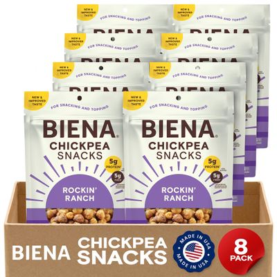 BIENA Chickpea Snacks - Crunchy Roasted Chickpeas - High Fiber Vegan Protein Snacks for Adults and Kids - 8-Pack, 5 Ounce Bags - Rockin Ranch