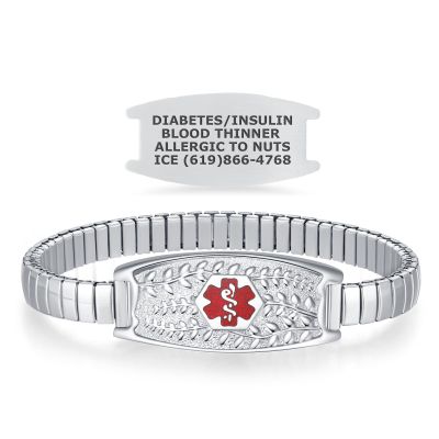 Divoti Olive Stretch Medical Alert Bracelet  Custom Engraved Stainless Steel ID Tag  Hypoallergenic, No Clasp, Slip-On Style  Fits 6.57.5" Wrists  Stylish & Comfortable - SS/Transparent Red