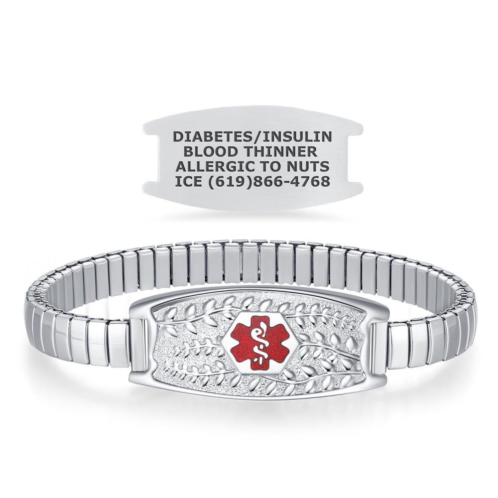Divoti Olive Stretch Medical Alert Bracelet  Custom Engraved Stainless Steel ID Tag  Hypoallergenic, No Clasp, Slip-On Style  Fits 6.57.5" Wrists  Stylish & Comfortable - SS/Transparent Red