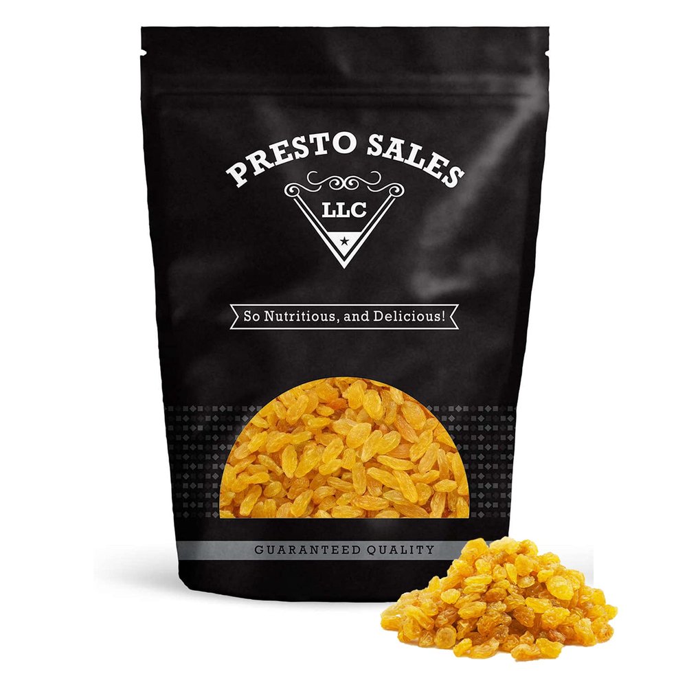 Raisins, Crop year 2024 FRESH BRIGHT YELLOW Golden seedless Sun-Dried, Naturally Sweet, Nutritious, Baking, Cooking, Snacking, Garnishing, Packed in a 3 lbs. (48 oz.) Resealable bag by Presto Sales