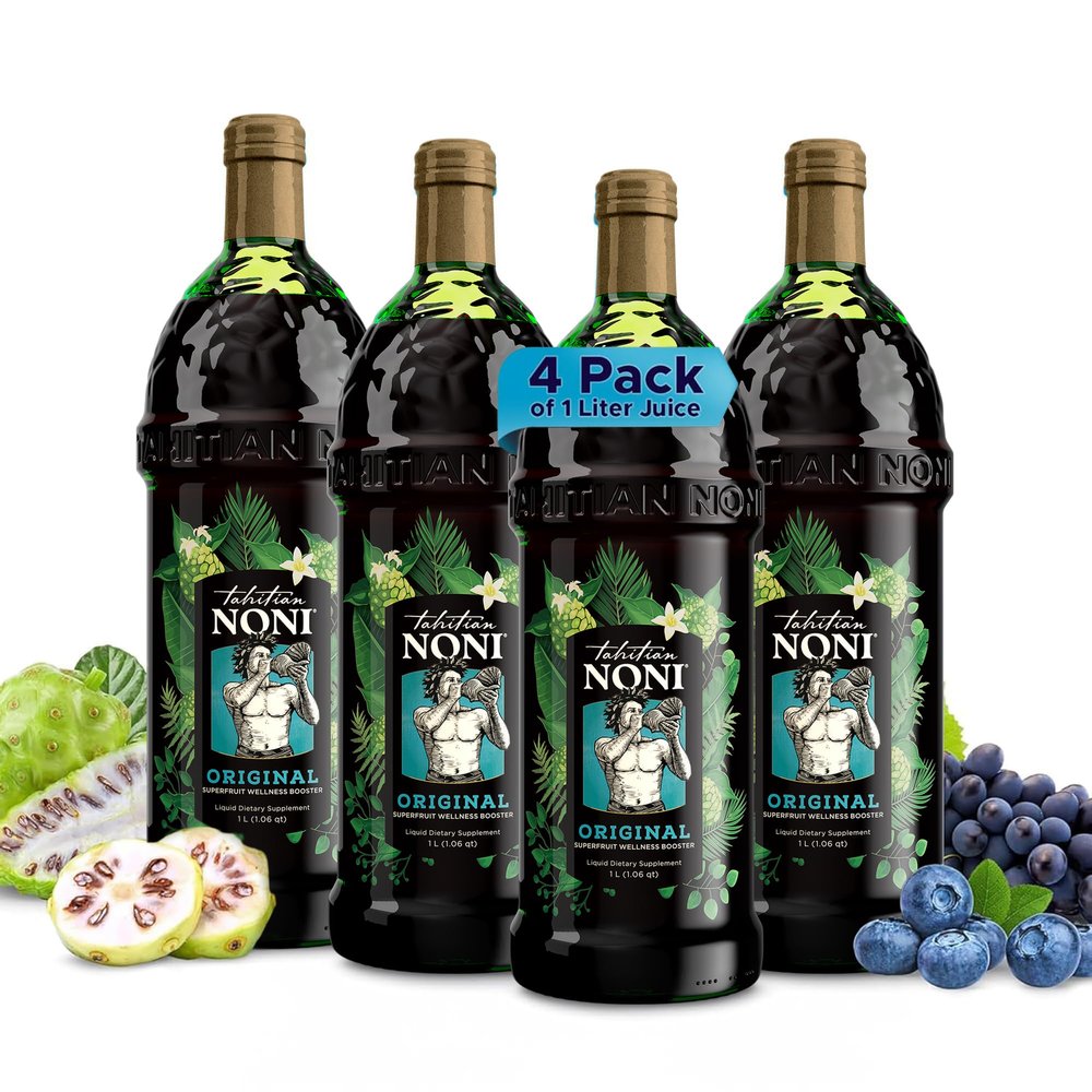 Tahitian Noni Juice by Morinda  Original Pure Noni Fruit Blend with Blueberry, Grape Extracts  Healthy Superfood Vitality Daily Wellness Drink  4 Pack of 1L Bottle