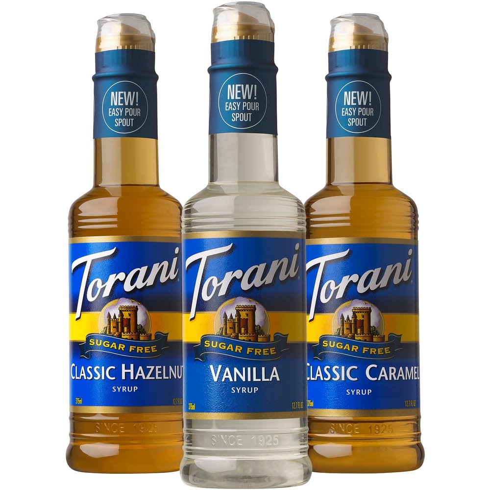 Torani Sugar Free Coffee Syrup, Vanilla, Caramel, and Classic Hazelnut Variety 3-Pack, Flavoring for Drinks, New Easy-Pour Spouts Included, Half-Size Bottles, 12.7 Fl Oz Ea
