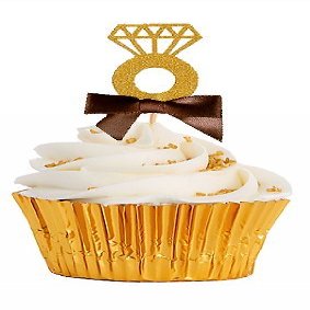 12pack Brown Ribbon Gold Glitter Diamond Shaped Wedding Ring Elegant Cupcake Decoration Topper