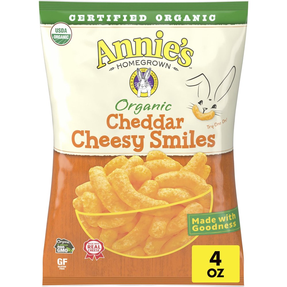 Annie's Organic Cheddar Cheesy Smiles, Baked Corn Puffs, Gluten Free, 4 oz