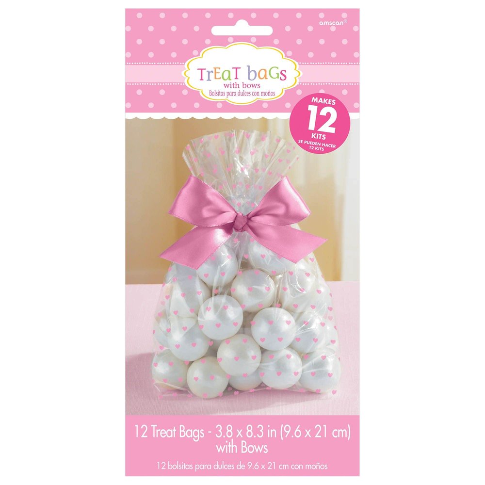 Amscan Hearts Cello Treat Bags, 8 1/4" x 3 3/4", Pink