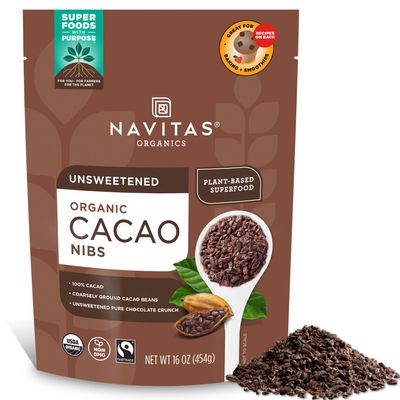 Navitas Organics Cacao Nibs  Unsweetened Dark Chocolate Crunch  Antioxidants, Minerals, Fiber  For Trail Mix, Baking & More  USDA Organic, Fairtrade, Non GMO, Gluten Free, Non-alkalized (16oz. Bag 151 Servings)