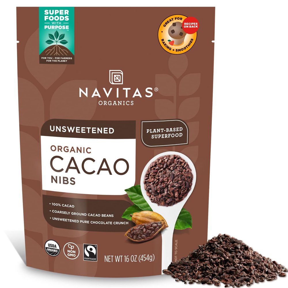 Navitas Organics Cacao Nibs  Unsweetened Dark Chocolate Crunch  Antioxidants, Minerals, Fiber  For Trail Mix, Baking & More  USDA Organic, Fairtrade, Non GMO, Gluten Free, Non-alkalized (16oz. Bag 151 Servings)