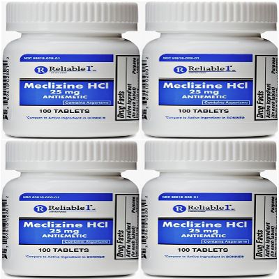 RELIABLE 1 LABORATORIES Meclizine 25 mg Generic Bonine Motion Sickness (100 Chewable Tablets, 4 Bottles) - Prevent nausea, vomiting, and dizziness caused by motion sickness