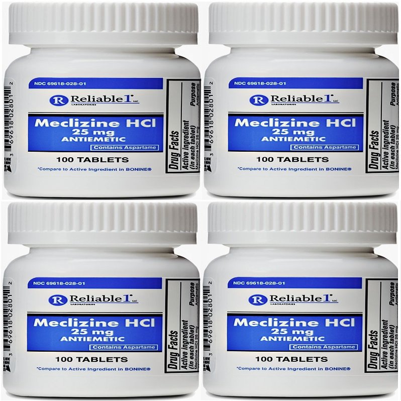 RELIABLE 1 LABORATORIES Meclizine 25 mg Generic Bonine Motion Sickness (100 Chewable Tablets, 4 Bottles) - Prevent nausea, vomiting, and dizziness caused by motion sickness