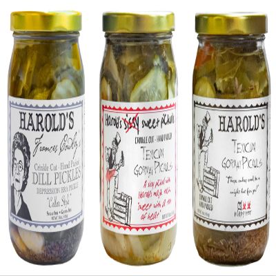 Harolds Gourmet Gift Pickle Set (3 Jars, 16oz), Hot Dill Pickles, Sissy Sweet Pickles & Frances Cowleys Salty Dill Pickles  Bread and Butter Pickles, Salad Pickles & Burger Pickles All in One