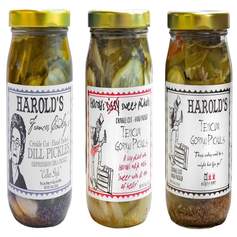 Harolds Gourmet Gift Pickle Set (3 Jars, 16oz), Hot Dill Pickles, Sissy Sweet Pickles & Frances Cowleys Salty Dill Pickles  Bread and Butter Pickles, Salad Pickles & Burger Pickles All in One