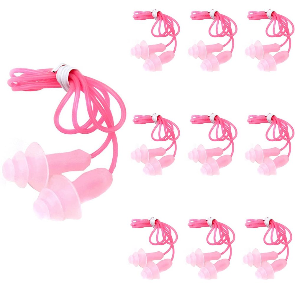 FZBNSRKO 20 Pcs (10 Pairs) Silicone Swim Earplugs Gel Soft Flanged Aqua Block Earplug Corded String Ear Plugs for Swimming,Pink
