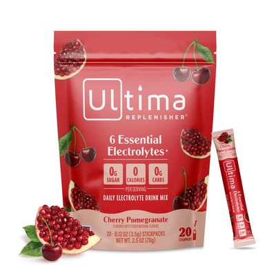 Ultima Replenisher Daily Electrolyte Powder  Cherry Pomegranate, 20 Stickpacks  Zero Sugar Hydration Packets with 6 Electrolytes and Minerals  Sugar Free, Plant Based & Keto Friendly Drink Mix
