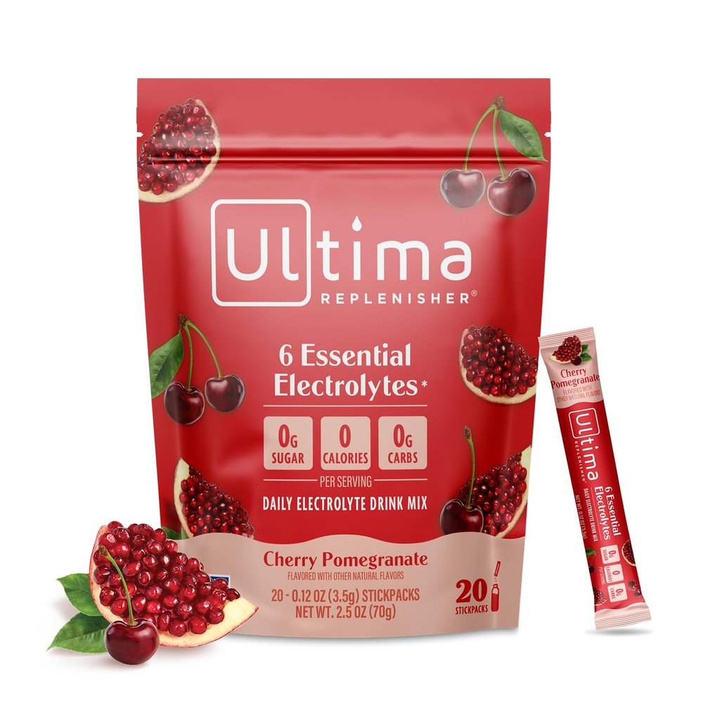 Ultima Replenisher Daily Electrolyte Powder Cherry Pomegranate, 20 Stickpacks Zero Sugar Hydration Packets with 6 Electrolytes and Minerals Sugar Free, Plant Based & Keto Friendly Drink Mix