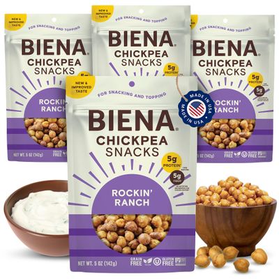 BIENA Chickpea Snacks - Crunchy Roasted Chickpeas - High Fiber Vegan Protein Snacks for Adults and Kids - 4-Pack, 5 Ounce Bags - Rockin Ranch