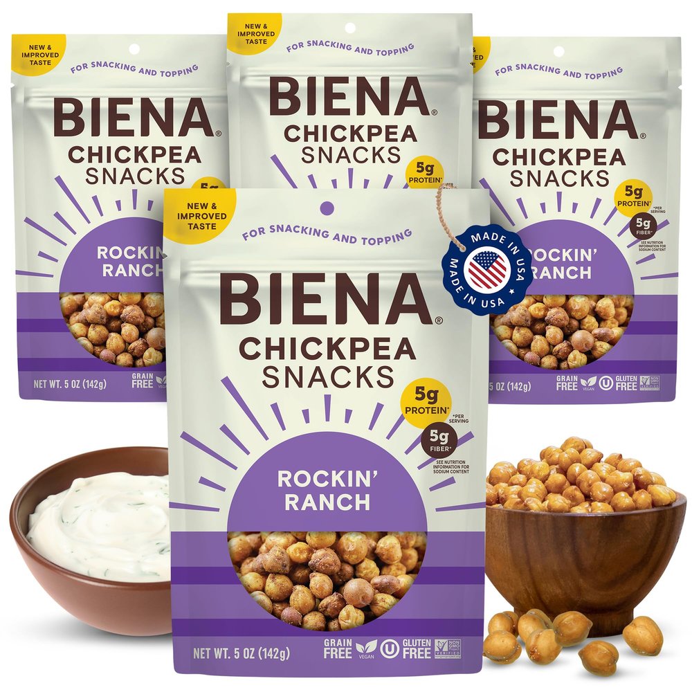 BIENA Chickpea Snacks - Crunchy Roasted Chickpeas - High Fiber Vegan Protein Snacks for Adults and Kids - 4-Pack, 5 Ounce Bags - Rockin Ranch