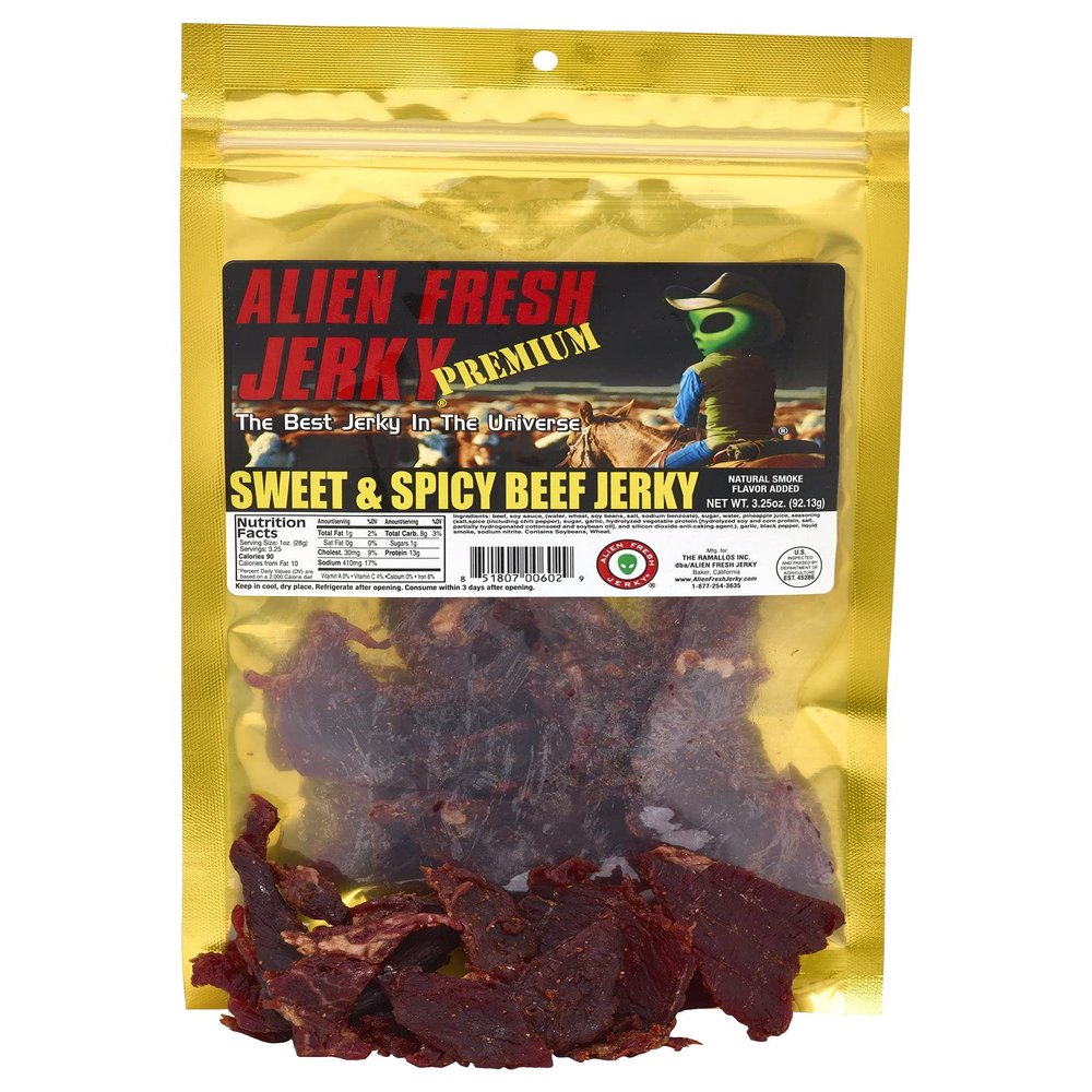 Alien Fresh Jerky - Classic - Sweet and Spicy Beef Jerky - Premium Beef - Low Calorie Snack - The Best Jerky In The Universe - 3.25 OZ - Made In USA