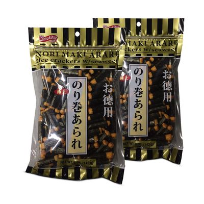 Shirakiku Japanese Nori Maki Arare Rice Crackers with | Glutinous Rice, Soy Sauce, Wheat, and Seaweed | Crispy and Savory Cracker Snacks, Seaweed Flavor, Pack of 2-5oz Each (Total 10oz)