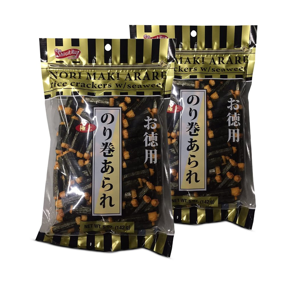 Shirakiku Japanese Nori Maki Arare Rice Crackers with | Glutinous Rice, Soy Sauce, Wheat, and Seaweed | Crispy and Savory Cracker Snacks, Seaweed Flavor, Pack of 2-5oz Each (Total 10oz)