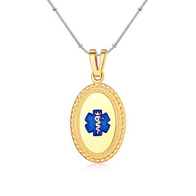 Divoti Custom Engraved-PVD Gold Premier Disc Tag Medical Alert Necklace, Medical ID Necklace Women, Medical Pendant Tag- Various Color and (24/28 IN) Station Bead Snake -TP Blue