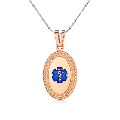 Divoti Custom Engraved-PVD Rose Gold Premier Disc Tag Medical Alert Necklace, Medical ID Necklace Women, Medical Pendant Tag- Various Color and (24/28 IN) Station Bead Snake -TP Blue