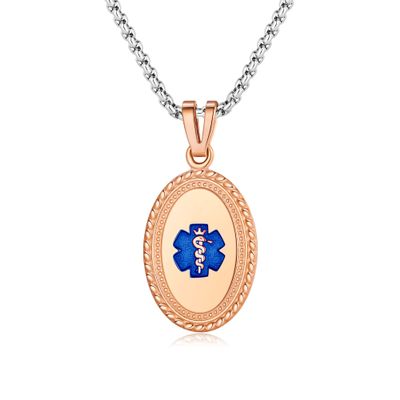 Divoti Custom Engraved-PVD Rose Gold Premier Disc Tag Medical Alert Necklace, Medical ID Necklace Women, Medical Pendant Tag- Various Color and (24/28 IN) Square Rolo -TP Blue