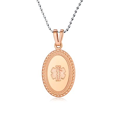Divoti Custom Engraved-PVD Rose Gold Premier Disc Tag Medical Alert Necklace, Medical ID Necklace Women, Medical Pendant Tag- Various Color and (24/28 IN) Rice Bead -No Fill