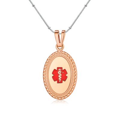 Divoti Custom Engraved-PVD Rose Gold Premier Disc Tag Medical Alert Necklace, Medical ID Necklace Women, Medical Pendant Tag- Various Color and (24/28 IN) Station Bead Snake -TP Red
