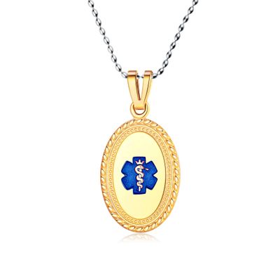 Divoti Custom Engraved-PVD Gold Premier Disc Tag Medical Alert Necklace, Medical ID Necklace Women, Medical Pendant Tag- Various Color and (24/28 IN) Rice Bead -TP Blue