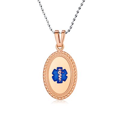 Divoti Custom Engraved-PVD Rose Gold Premier Disc Tag Medical Alert Necklace, Medical ID Necklace Women, Medical Pendant Tag- Various Color and (24/28 IN) Rice Bead -TP Blue