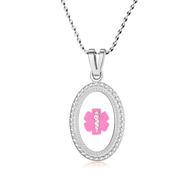 Divoti Custom Engraved-Stainless Premier Disc Tag Medical Alert Necklace, Medical ID Necklace Women, Medical Pendant Tag- Various Color and (24/28 IN) Rice Bead -Pink