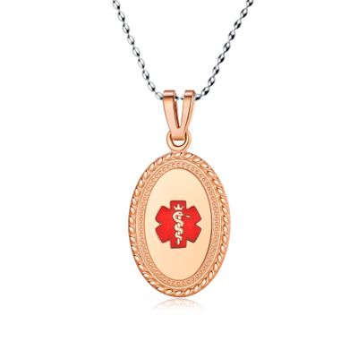 Divoti Custom Engraved-PVD Rose Gold Premier Disc Tag Medical Alert Necklace, Medical ID Necklace Women, Medical Pendant Tag- Various Color and (24/28 IN) Rice Bead -TP Red