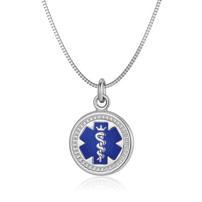 Divoti Free Deep Custom Laser Engraved-Stainless Steel Medical Alert Necklace for Women, Premier Tag Medical ID Necklace, Medical Pendant Tag w/Free Engraving- 24" Venetian Chain-TP Blue