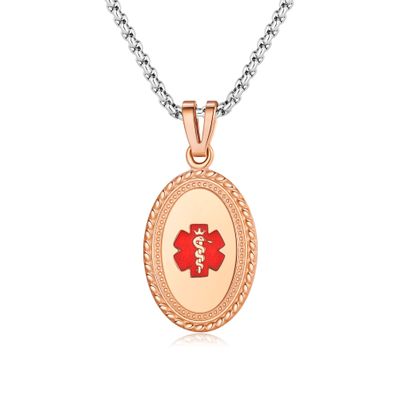 Divoti Custom Engraved-PVD Rose Gold Premier Disc Tag Medical Alert Necklace, Medical ID Necklace Women, Medical Pendant Tag- Various Color and (24/28 IN) Square Rolo -TP Red