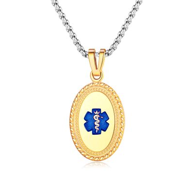 Divoti Custom Engraved-PVD Gold Premier Disc Tag Medical Alert Necklace, Medical ID Necklace Women, Medical Pendant Tag- Various Color and (24/28 IN) Square Rolo -TP Blue