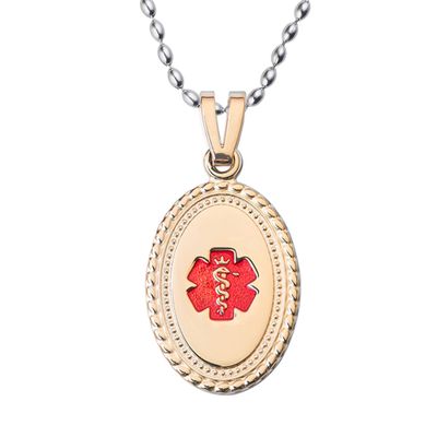 Divoti Custom Engraved-PVD Gold Premier Disc Tag Medical Alert Necklace, Medical ID Necklace Women, Medical Pendant Tag- Various Color and (24/28 IN) Rice Bead -TP Red