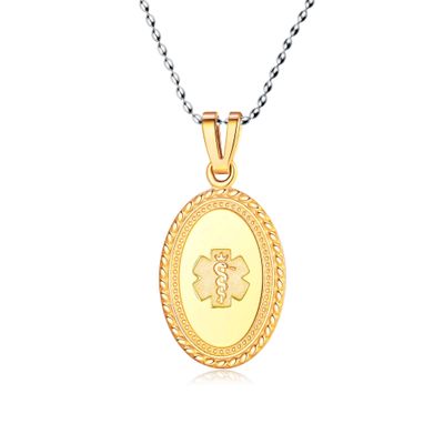 Divoti Custom Engraved-PVD Gold Premier Disc Tag Medical Alert Necklace, Medical ID Necklace Women, Medical Pendant Tag- Various Color and (24/28 IN) Rice Bead -No Fill