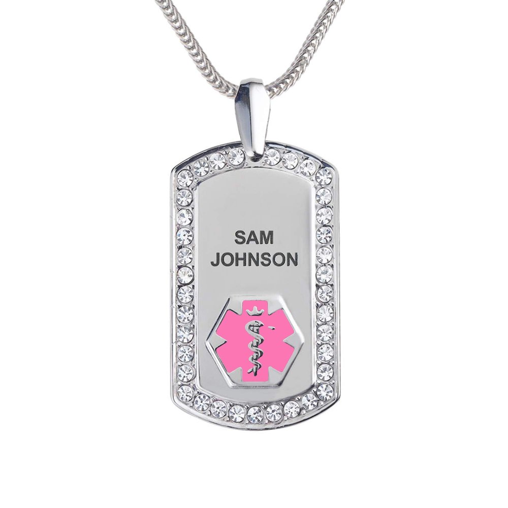 Divoti Pure Titanium Medical Alert Necklace for Women, Custom Engraved Supreme Dog Tag Medical ID Necklace-24' Foxtail/Pink