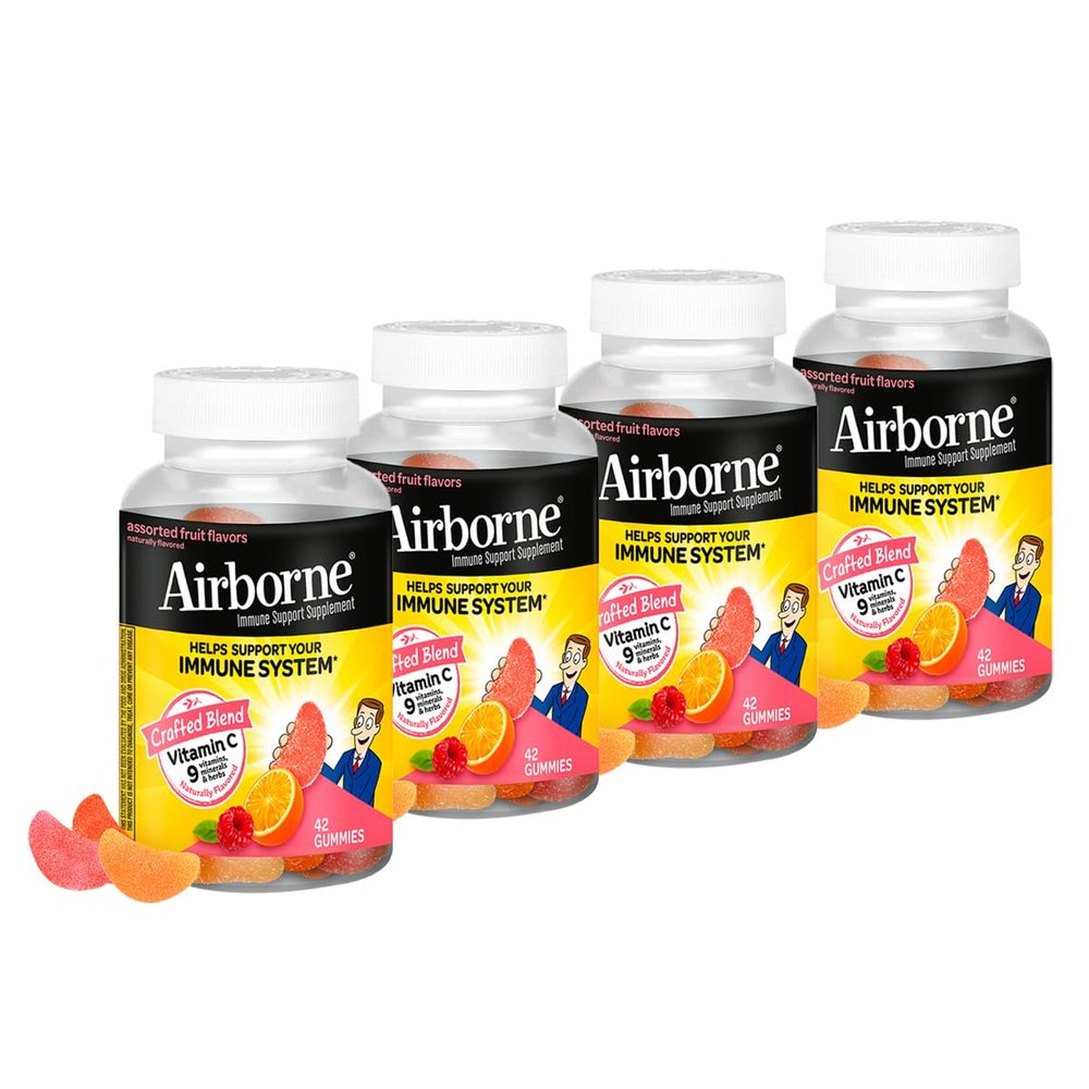 Airborne 750mg Vitamin C Immune Support Supplement Gummies for Adults, Assorted Fruit Flavor, Gluten Free Crafted Blend with Powerful Antioxidants Vitamins A C & E, 42 Gummies (4 Pack)