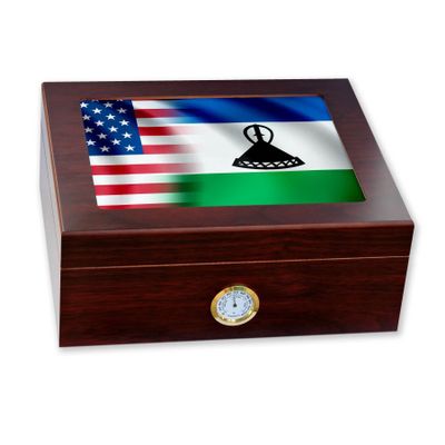 ExpressItBest Premium Desktop Humidor - Glass Top - Flag of Lesotho (Basotho) - Waves with USA Flag - Cedar lined with humidifier & front mounted hygrometer.