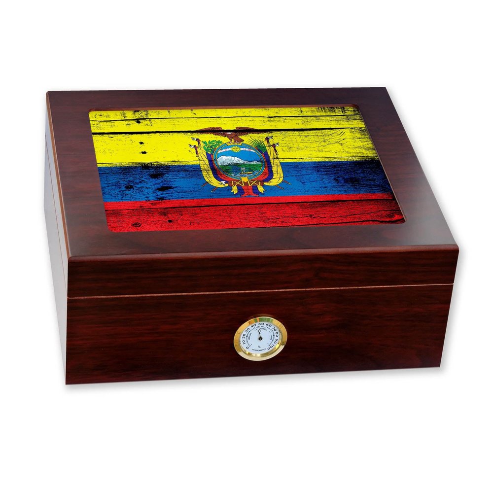 ExpressItBest Premium Desktop Humidor - Glass Top - Flag of Ecuador (Ecuadorian) - Wood Design - Cedar lined with humidifier & front mounted hygrometer.