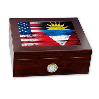 ExpressItBest Premium Desktop Humidor - Glass Top - Flag of Antigua & Barbuda - Wood with USA Flag - Cedar lined with humidifier & front mounted hygrometer.